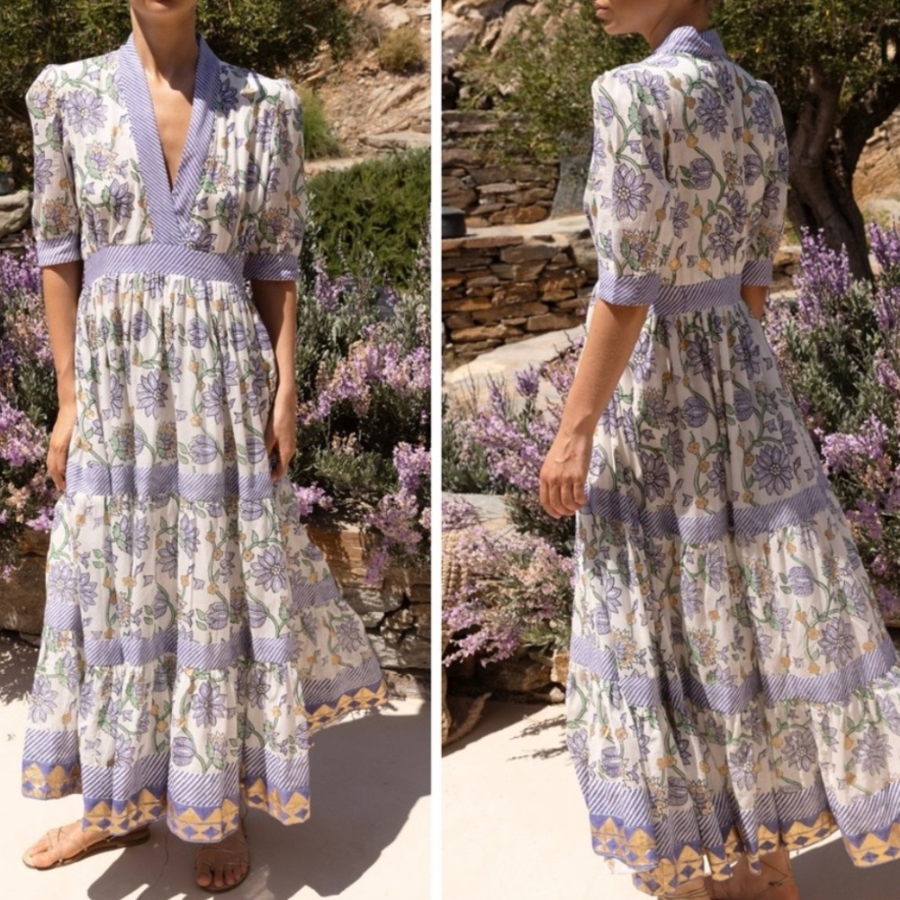 Oliphant - Women’s V-Neck Cuffed Maxi Dress in ‘Presidio Blue’ Print Large - Picture 8 of 17